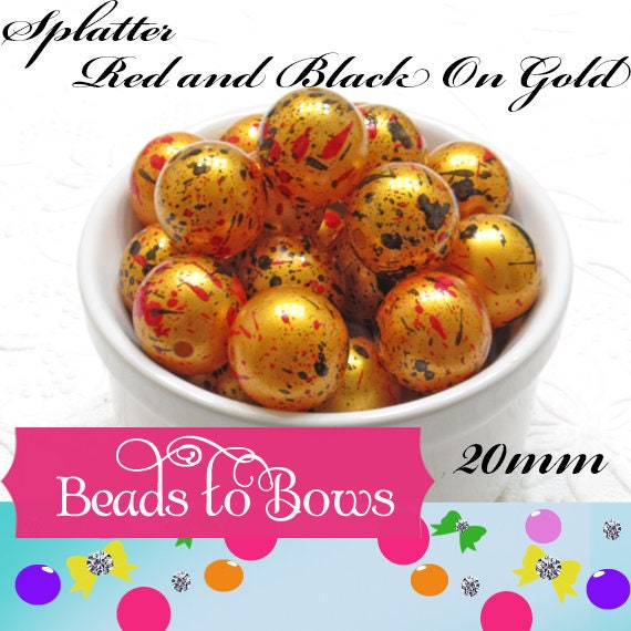 20mm Red, Black Splatter On Gold Pearl Beads, Red And Black Splatter Bubblegum Beads, Splatter Beads, Bubblegum Necklace Beads,