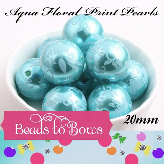NEW 20mm White Floral Print on Light Aqua Pearls, Bubblegum Beads, Chunky Gumball Beads, Bubblegum Bead Supply, Chunky Printed Pearl Beads