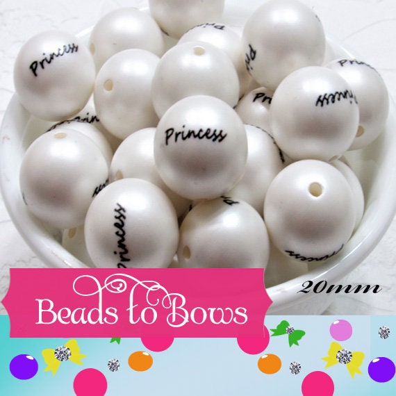 20mm Word Princess Printed On White Matte Bubblegum Beads, Princess Printed White Matte Bead, Bubble Gum Beads, Bubble Beads, Printed Beads