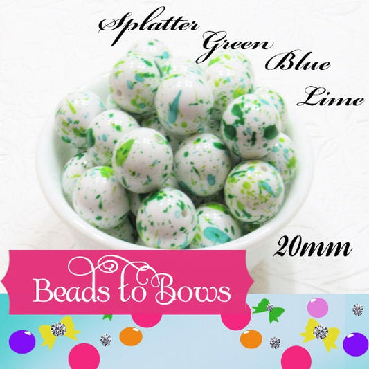 New 20mm Splatter Beads, Green, Blue, Lime Bubblegum Beads, Splatter Beads, Bubblegum Necklace Beads,