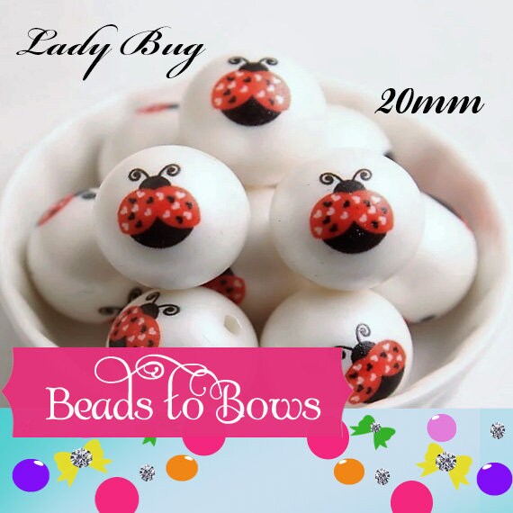 NEW 20mm Lady Bugs Printed On Matte White Beads, Printed Lady Bugs Beads, Bubblegum Beads, Lady Bugs Printed On Gum Ball Beads, Big Beads