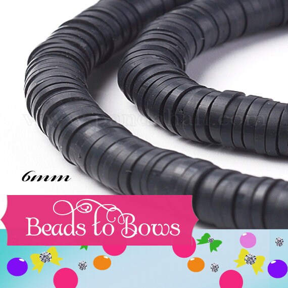 Sale 6mm Black Heishi Bead Strands, 380 to 400 Flat Round Polymer Clay Beads, Disc Heishi Beads, LIght Weight, Bracelets