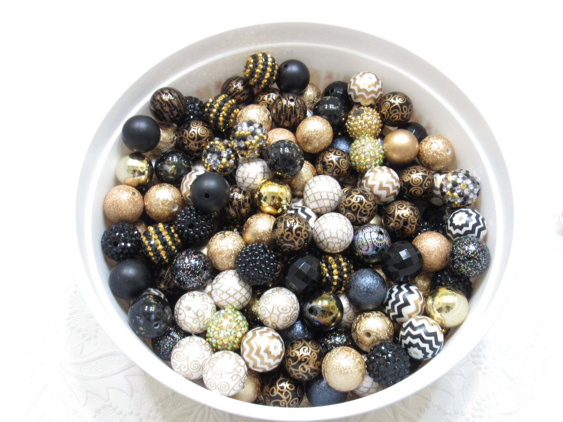 12 or 24Ct. 20mm White Gold And Black Bubblegum Bead Mix, Beadable Pen Mix, Acrylic Gold  Black & White Acrylic Beads,
