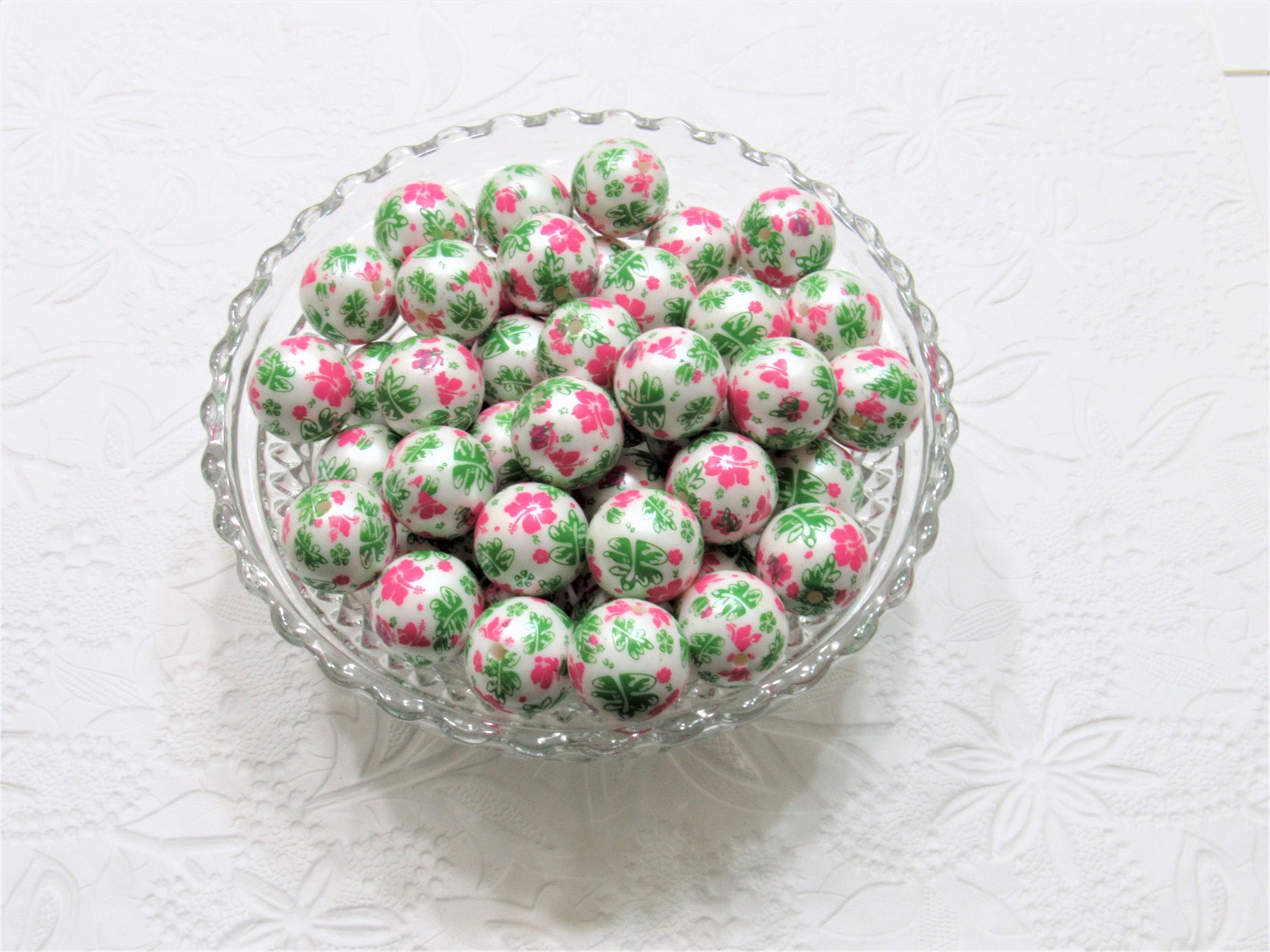 NEW 20mm Pink Flower Print Matte Pearls, Bubblegum Beads, Chunky Gumball Beads, Bubblegum Bead Supply, Chunky Printed Pearl Beads