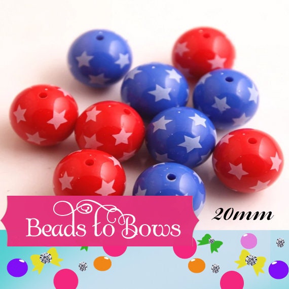 New 20mm White Stars Printed Red and Blue Bubblegum Beads Acrylic Beads, Chunky Gumball Beads With Stars, July 4th. Red White and Blue Beads