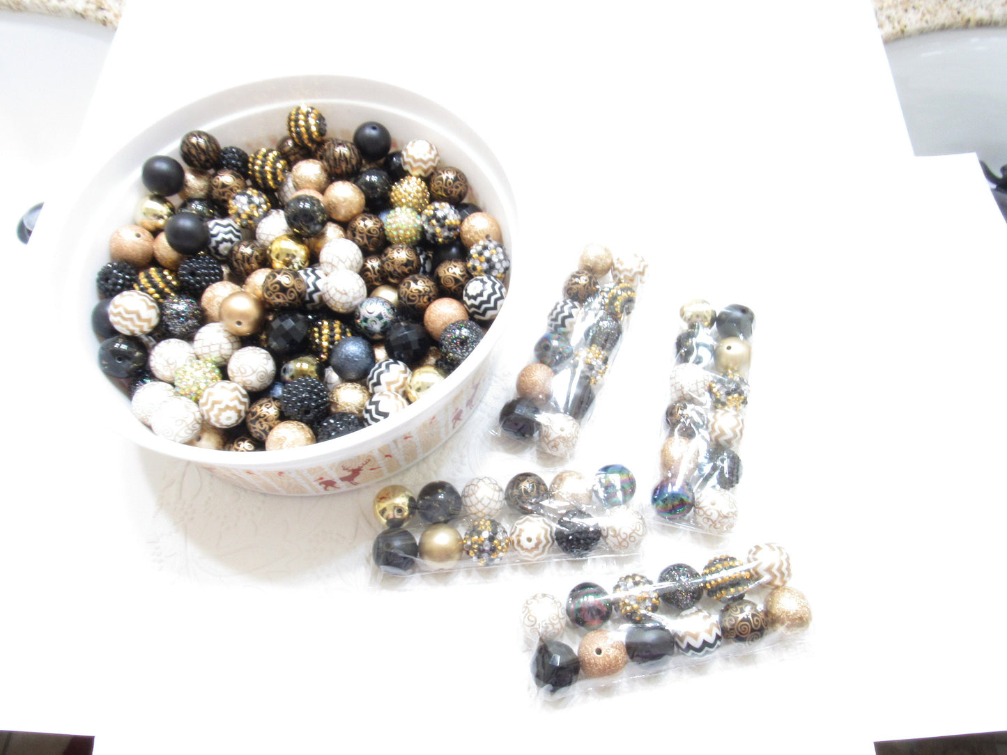 12 or 24Ct. 20mm White Gold And Black Bubblegum Bead Mix, Beadable Pen Mix, Acrylic Gold  Black & White Acrylic Beads,