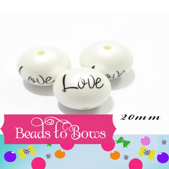20mm Love Print On White Matte Bubblegum Beads,  Love Printed White Matte Bead, Bubble Gum Beads, Bubble Beads, Printed Beads