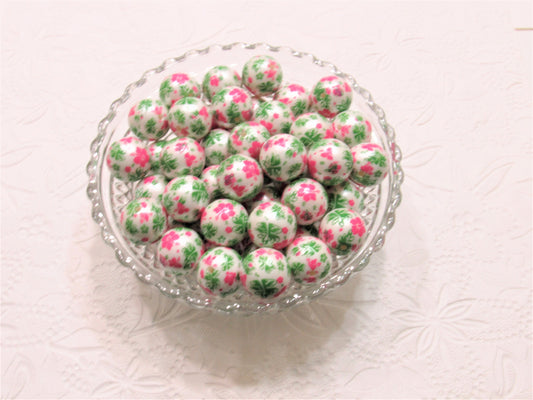 NEW 20mm Pink Flower Print Matte Pearls, Bubblegum Beads, Chunky Gumball Beads, Bubblegum Bead Supply, Chunky Printed Pearl Beads
