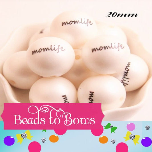 20mm Momlife Printed On White Matte Bubblegum Beads, Momlife Printed White Matte Bead, Bubble Gum Beads, Bubble Beads, Printed