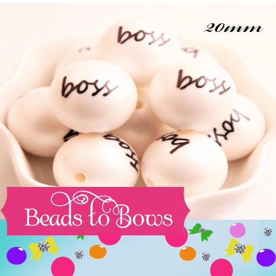 20mm Boss Print On White Matte Bubblegum Beads, Boss Printed White Matte Bead, Bubble Gum Beads, Bubble Beads, Printed Beads