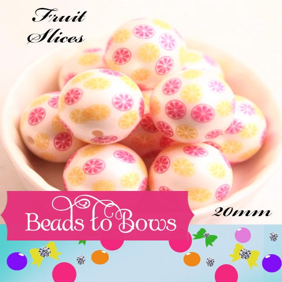 20mm Pink And Yellow Printed Fruit Slice Pearls, Bubblegum Beads, Chunky Gumball Beads, Bubblegum Bead Supply, Chunky Printed Pearl Beads