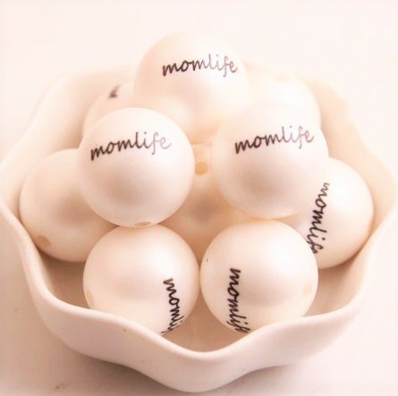 20mm Momlife Printed On White Matte Bubblegum Beads, Momlife Printed White Matte Bead, Bubble Gum Beads, Bubble Beads, Printed