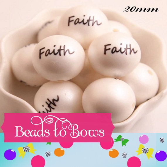 20mm Faith Print On White Matte Bubblegum Beads, Faith Printed On Bubblebeads,  Matte Bead, Bubble Gum Beads, Bubble Beads, Printed Beads
