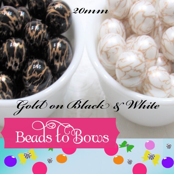 20mm Black And Gold White And Gold Lightening Bubblegum Beads, Chunky Gumball Beads, Bubblegum Beads, Chunky LIghtening Beads