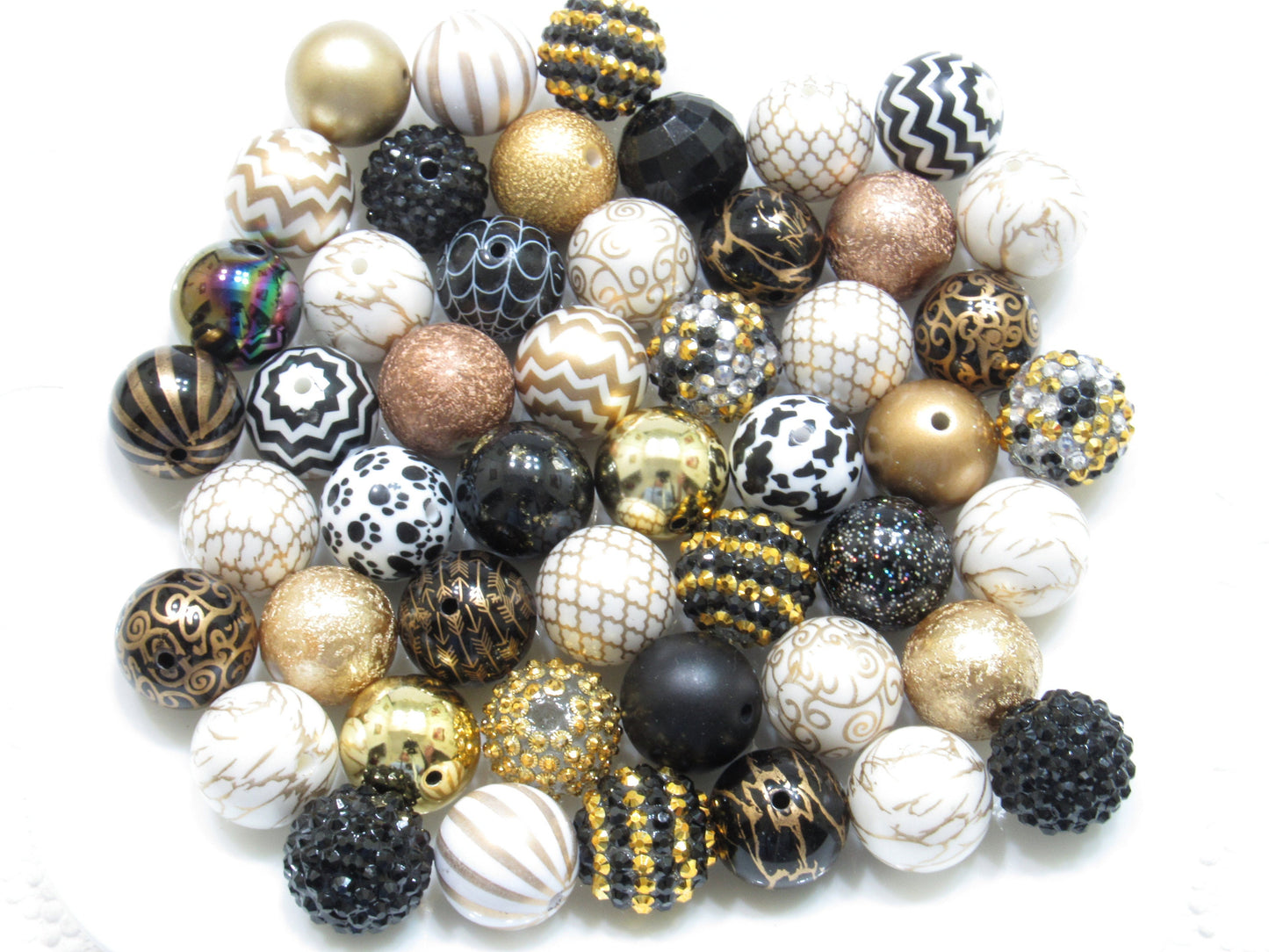 12 or 24Ct. 20mm White Gold And Black Bubblegum Bead Mix, Beadable Pen Mix, Acrylic Gold  Black & White Acrylic Beads,