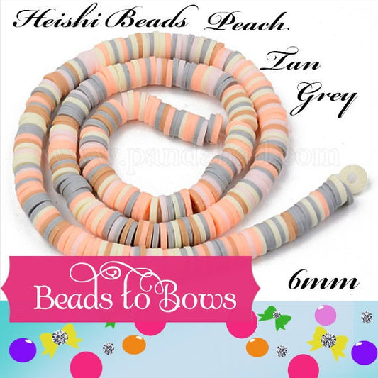 6mm Peach Tan Grey  Heishi Bead Strands, Flat Round Polymer Clay Beads, 290 to 320 Disc Heishi Beads, LIght Weight,Earring Beads, Bracelets