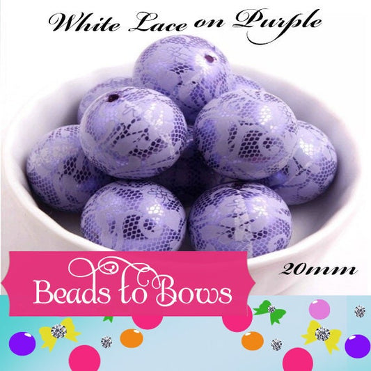 NEW 20mm Printed Purple Pearls With White Lace Bubblegum Pearls, Chunky Gumball Beads, Bubblegum Bead, Chunky Printed Pearl Beads