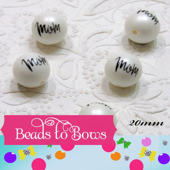 20mm Bead With Mom Written On White Matte Bubblegum Beads, Word Mom On White Matte Bead, Bubble Gum Beads, Bubble Beads