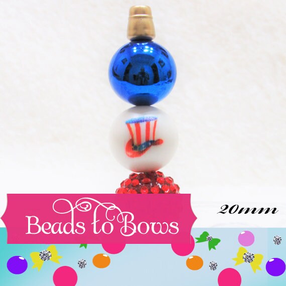 New 4th of July 20mm Red White Blue Printed USA Top Hat Flag  Bubblegum  Beads, July 4th. Beads, Gumball Beads, Bubblegum Beads