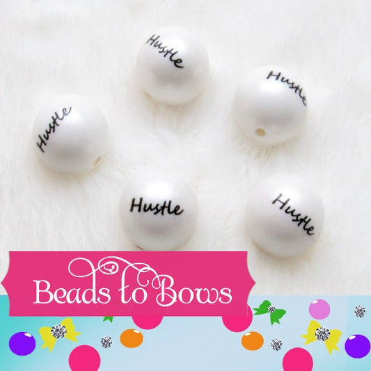 20mm Hustle Print On White Matte Bubblegum Beads, Boss Printed White Matte Bead, Bubble Gum Beads, Bubble Beads, Printed Beads