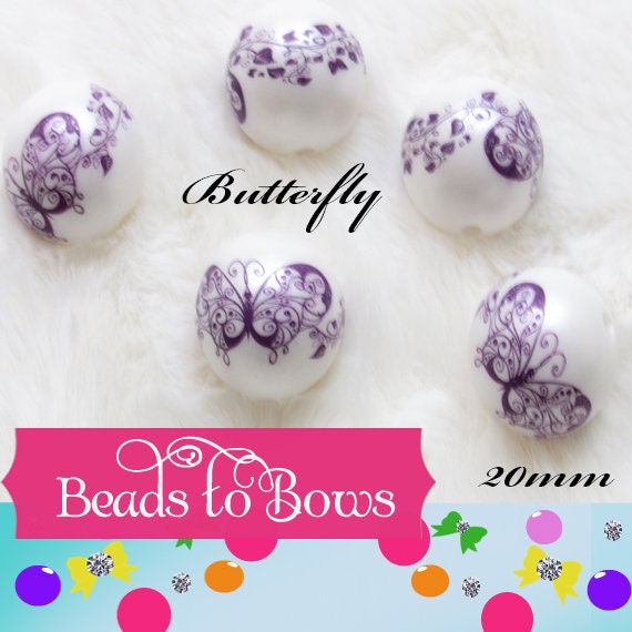 New 20mm Butterfly Bubblegum Beads, Acrylic Butterfly On Matte White Pearls, Beadable Pen Bead, DIY Beadable Pen Butterfly Bead