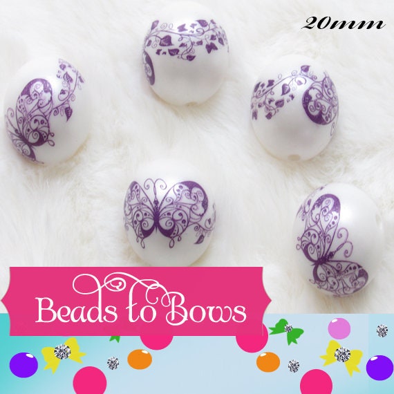 New 20mm Butterfly Bubblegum Beads, Acrylic Butterfly On Matte White Pearls, Beadable Pen Bead, DIY Beadable Pen Butterfly Bead