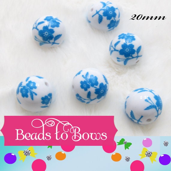 NEW 20mm Blue Flower Print on Matte Pearls, Bubblegum Beads, Chunky Gumball Beads, Bubblegum Bead Supply, Chunky Printed Beads