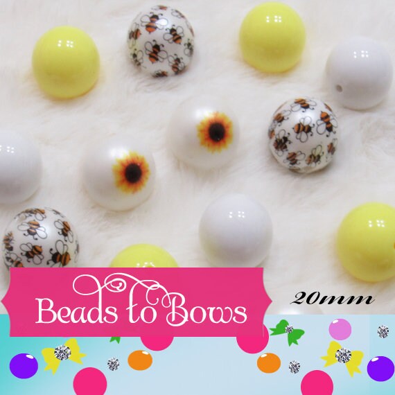 NEW 20mm Sunflower Print on Matte Pearls, Bubblegum Beads, Chunky Gumball Beads, Bubblegum Bead Supply, Chunky Printed Beads