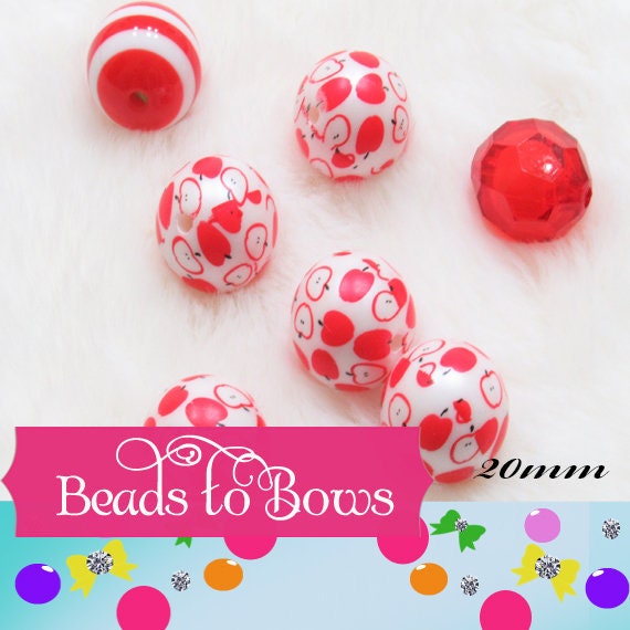20mm Red And White Printed Apple Slice On Matte White Pearls, Bubblegum Beads, Chunky Gumball Beads, Bubblegum Bead Supply
