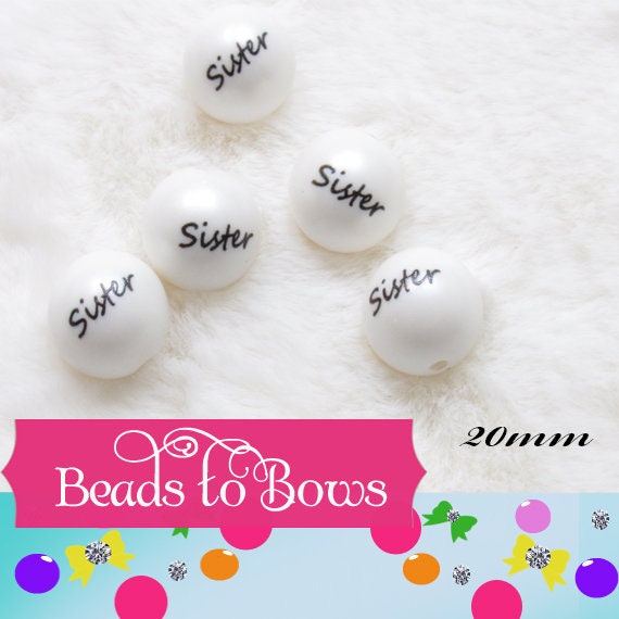 20mm Sister Print On White Matte Bubblegum Beads, Boss Printed White Matte Bead, Bubble Gum Beads, Bubble Beads, Printed Beads