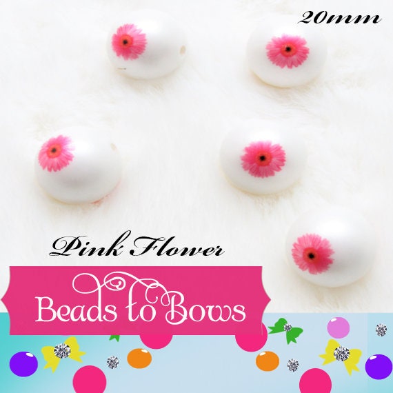NEW 20mm Pink Flower Print on Matte Pearls, Bubblegum Beads, Chunky Gumball Beads, Bubblegum Bead Supply, Chunky Printed Beads