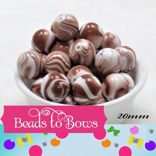New 20mm Brown and White Marble Look Bubblegum Beads, Imitation Marble Beads, Chunky Bi Color Beads