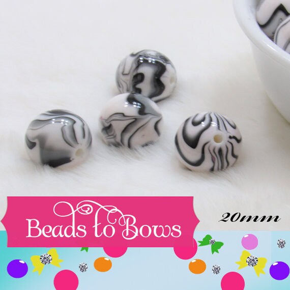 New 20mm Black and White Marble Look Bubblegum Beads, Imitation Marble Beads, Chunky Bi Color Beads