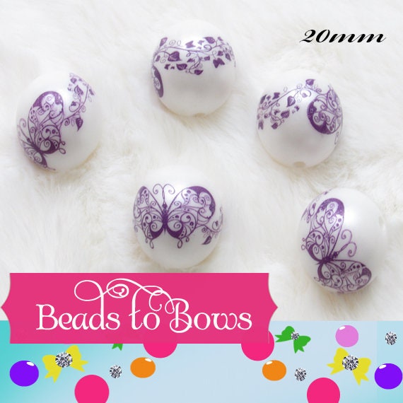 New 20mm Butterfly Bubblegum Beads, Acrylic Butterfly On Matte White Pearls, Beadable Pen Bead, DIY Beadable Pen Butterfly Bead