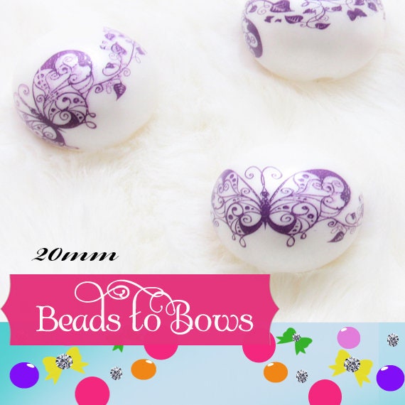 New 20mm Butterfly Bubblegum Beads, Acrylic Butterfly On Matte White Pearls, Beadable Pen Bead, DIY Beadable Pen Butterfly Bead