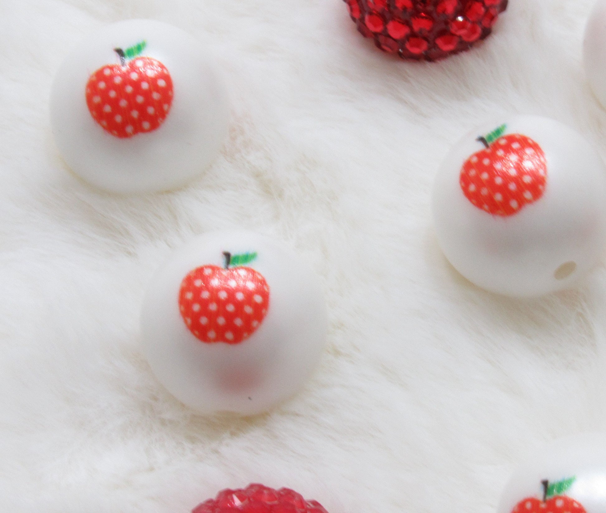 NEW 20mm Apple Polka Dot Printed Bubblegum Beads, Apple Print on Matte White Pearls, Beadable Pen Beads, Bubblegum Bead Chunky Printed Beads