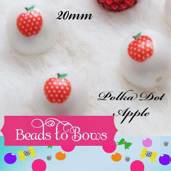 NEW 20mm Apple Polka Dot Printed Bubblegum Beads, Apple Print on Matte White Pearls, Beadable Pen Beads, Bubblegum Bead Chunky Printed Beads