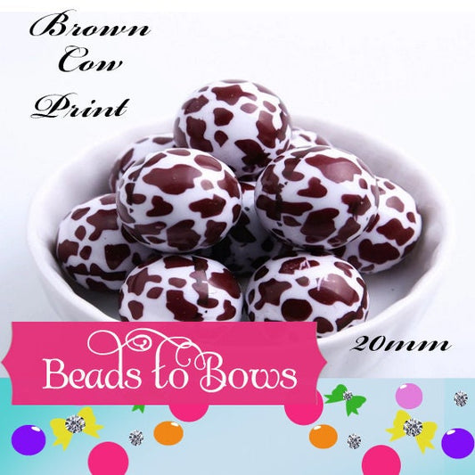 NEW 20mm Brown and white Cow Print Bubblegum Bead, Chunky Cow Beads, Gumball Beads, Bubblegum Necklace Supply Beads, Chunky Bead Supply,