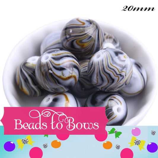New 20mm Gold White Black Marble Look Bubblegum Beads, Imitation Marble Beads, Chunky Bi Color Beads