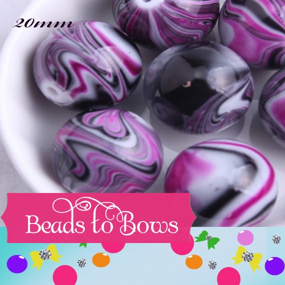 New 20mm Purple White Black Marble Look Bubblegum Beads, Imitation Marble Beads, Chunky Bi Color Beads