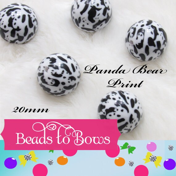 NEW 20mm Printed Panda Bear Bubblegum Beads, Matte White Chunky Beads, Print Beads, Chunky Bead, Acrylic Bead,