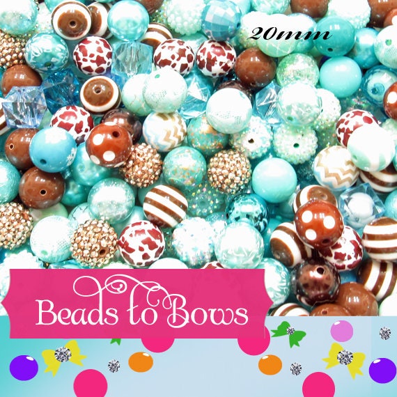 Cow Mix, How Now Brown Cow Bubblegum Bead, Chunky Cow Beads, Gumball Beads, Aqua and Brown Beads, Chunky Bead Supply,