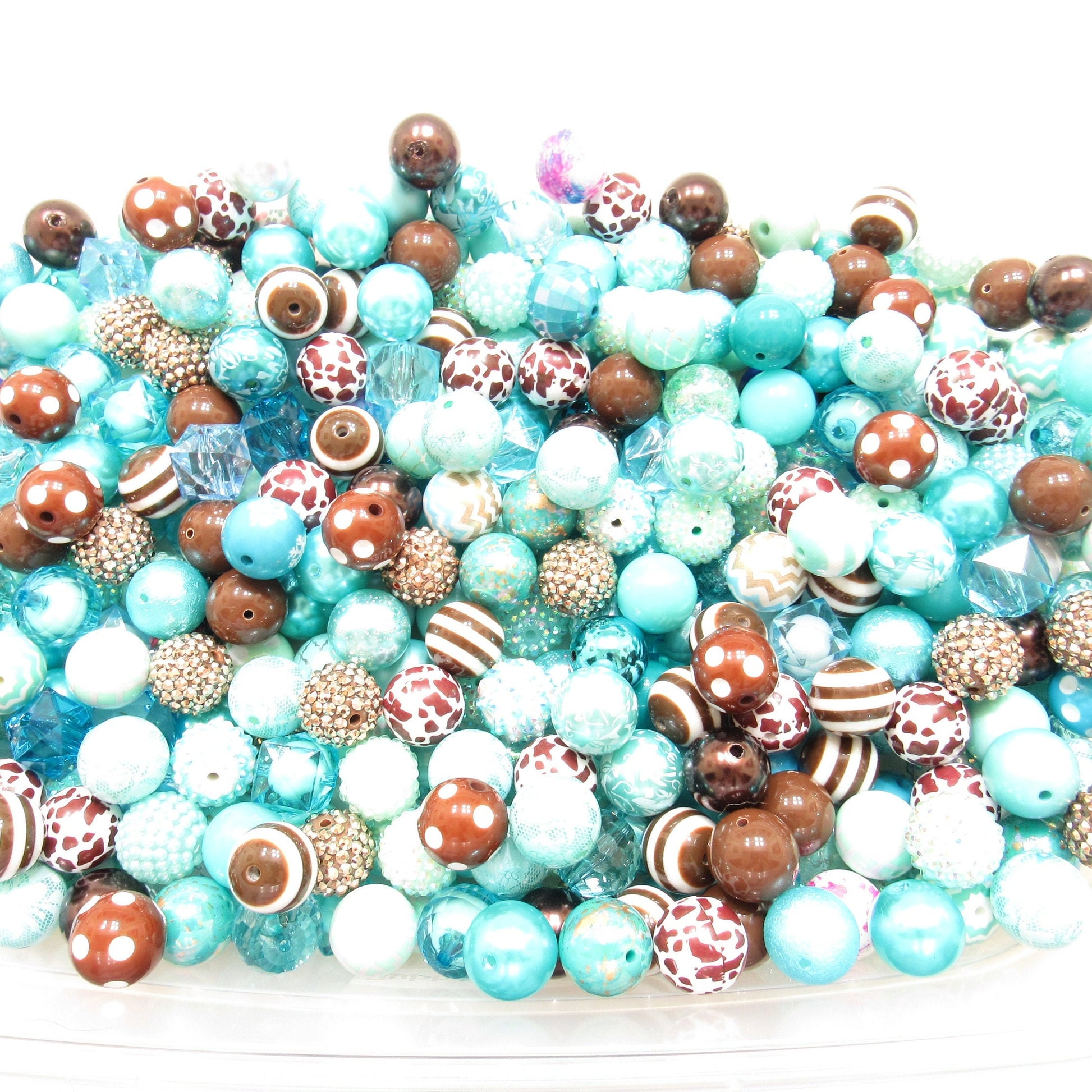 Cow Mix, How Now Brown Cow Bubblegum Bead, Chunky Cow Beads, Gumball Beads, Aqua and Brown Beads, Chunky Bead Supply,