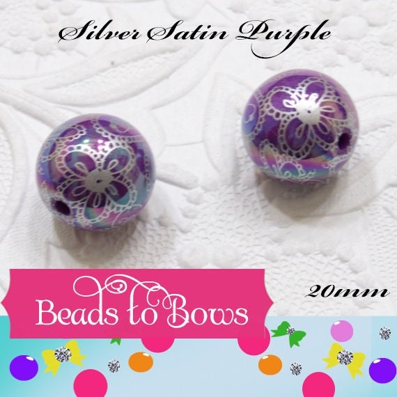 New 20mm Silver Satin Purple Flower Bead Pearls, Bubblegum Beads, Chunky Gumball Beads, Bubblegum Bead Supply, Chunky Printed Pearl Beads