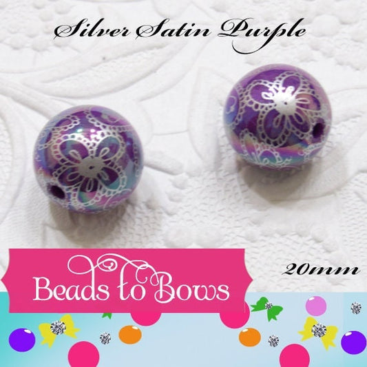 New 20mm Silver Satin Purple Flower Bead Pearls, Bubblegum Beads, Chunky Gumball Beads, Bubblegum Bead Supply, Chunky Printed Pearl Beads