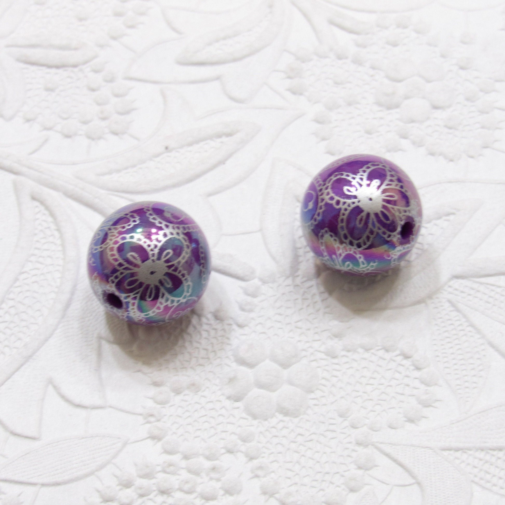 New 20mm Silver Satin Purple Flower Bead Pearls, Bubblegum Beads, Chunky Gumball Beads, Bubblegum Bead Supply, Chunky Printed Pearl Beads