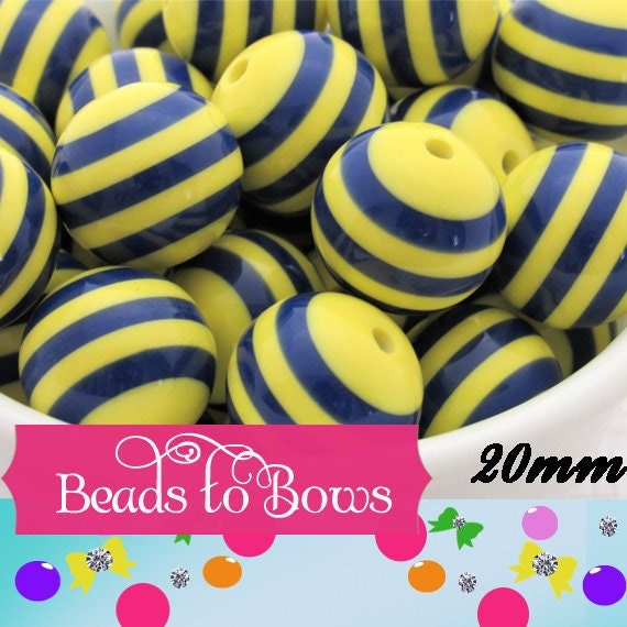 20mm Blue and Yellow Striped Bubblegum Bead, Round Chunky Beads, Gumball Beads, Minion Colored Bubblegum Beads Beads