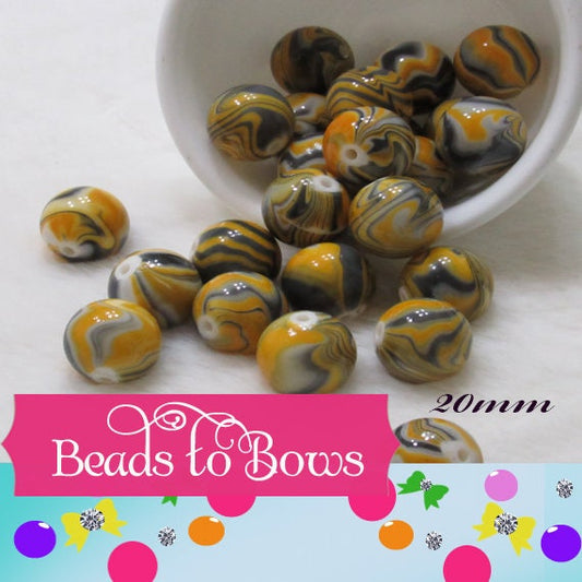 New 20mm Gold Grey White Marble Look Bubblegum Beads, Imitation Marble Beads, Chunky Bi Color Beads