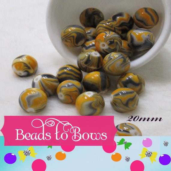 New 20mm Gold Grey White Marble Look Bubblegum Beads, Imitation Marble Beads, Chunky Bi Color Beads