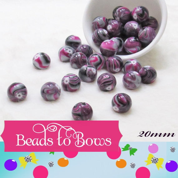20mm Fuchsia Grey White Marble Look Bubblegum Beads, Imitation Marble Beads, Chunky Bi Color Beads